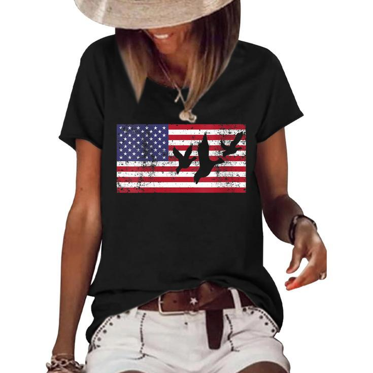 Womens 4Th Of July American Flag Hunting Hunter Geese Goose Dad Usa  Women's Short Sleeve Loose T-shirt