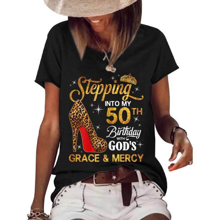 Womens 50Th Birthday Leopard Shoes Stepping Into My 50Th Bday  Women's Short Sleeve Loose T-shirt