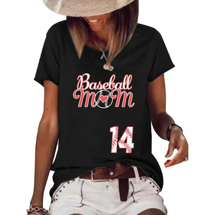 Womens Baseball Mom Mothers Day 14 Baseball Player Jersey  Women's Short Sleeve Loose T-shirt