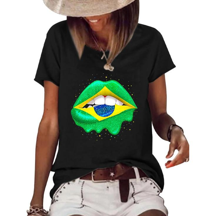 Womens Brazilian Flag Lips  Women Girls Brazil Women's Short Sleeve Loose T-shirt