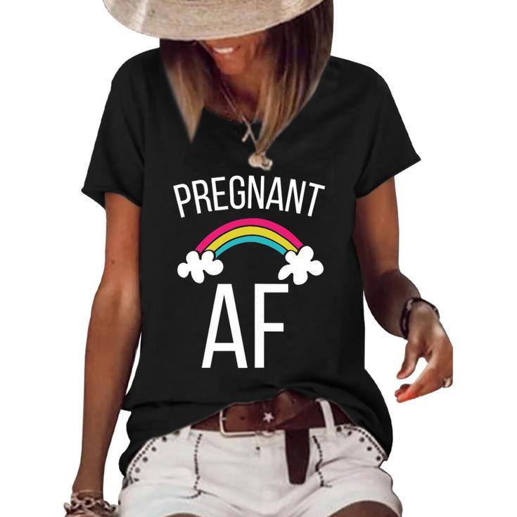 Womens Cute Pregnant Af Funny Rainbow Expecting Tee Women's Short Sleeve Loose T-shirt