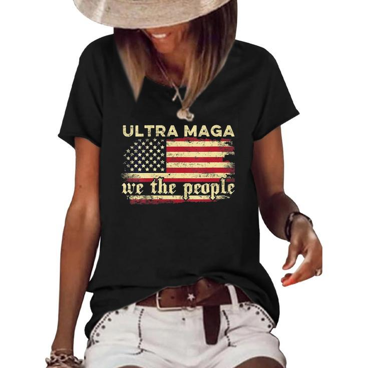 Womens Funny Ultra Maga Vintage American Flag Ultra-Maga Retro  Women's Short Sleeve Loose T-shirt