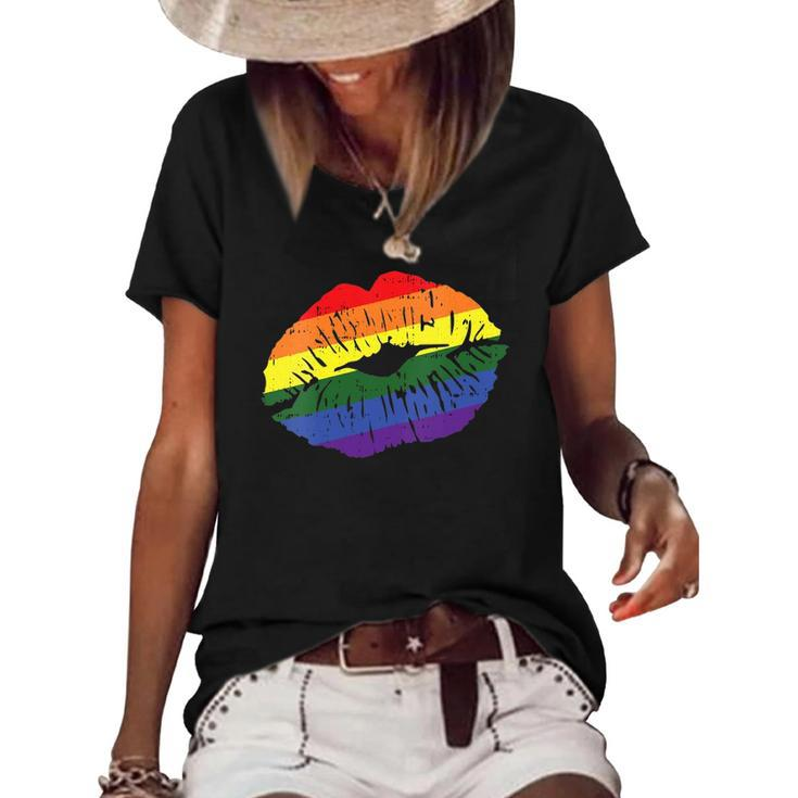 Womens Gay Kiss Rainbow Pride Flag Sexy Lips Proud Lgbt Q Ally Women's Short Sleeve Loose T-shirt