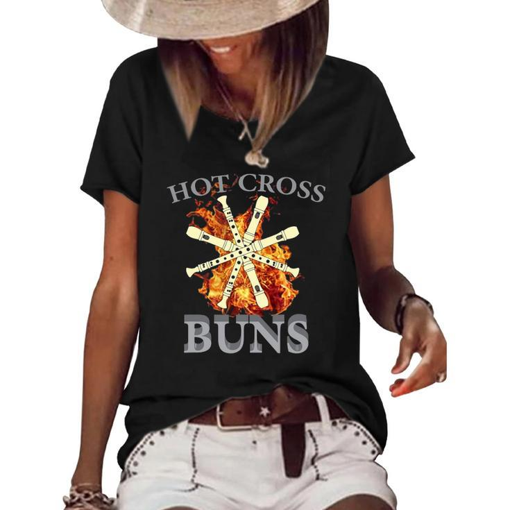 Womens Hot Cross Buns Pattern Flute Player For Dad Women's Short Sleeve Loose T-shirt
