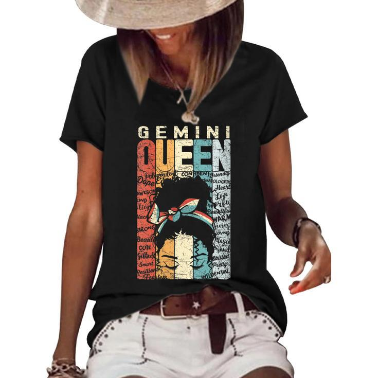 Womens June Birthday Gemini Queen Im Black Queen Afro Mom Bun  Women's Short Sleeve Loose T-shirt