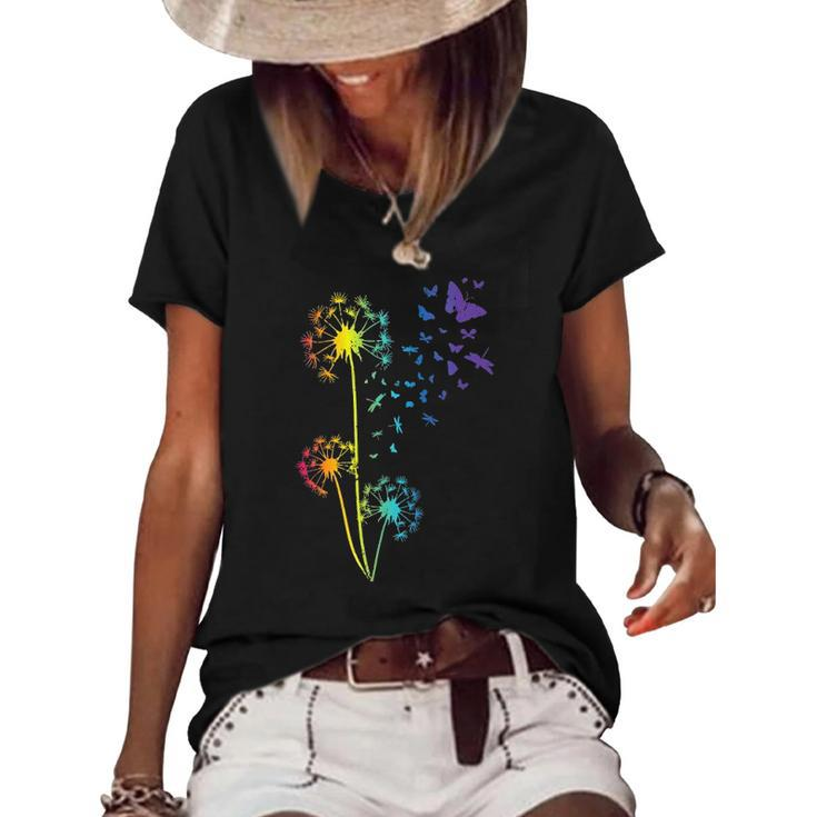 Womens Just Dandelion Butterfly Breathe Rainbow Flowers Dragonfly Women's Short Sleeve Loose T-shirt