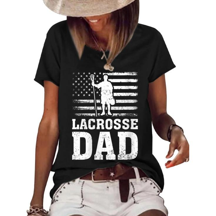 Womens Lacrosse Sports Lover American Flag Lacrosse Dad 4Th Of July  Women's Short Sleeve Loose T-shirt