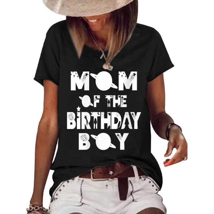 Womens Mom Of The Birthday Astronaut Boy And Girl Space Theme  Women's Short Sleeve Loose T-shirt