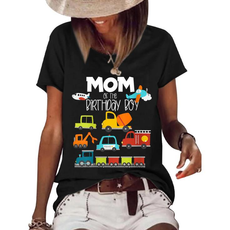 Womens Mom Of The Birthday Boy Family Matching Train Car Fire Truck  Women's Short Sleeve Loose T-shirt