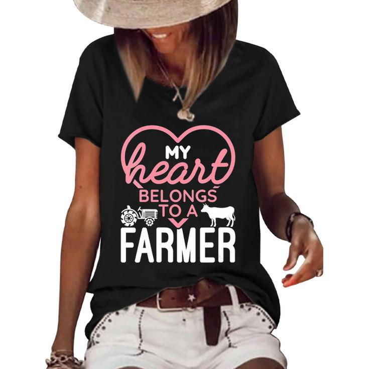 Womens My Heart Belongs To A Farmer Romantic Farm Wife Girlfriend Women's Short Sleeve Loose T-shirt