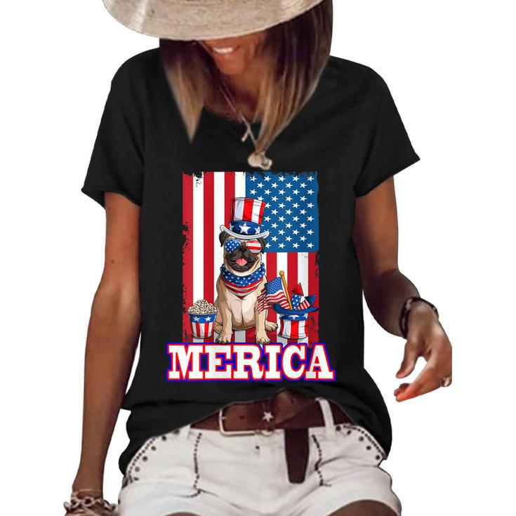 Womens Pug Dad Mom 4Th Of July American Flag Merica Dog  Women's Short Sleeve Loose T-shirt