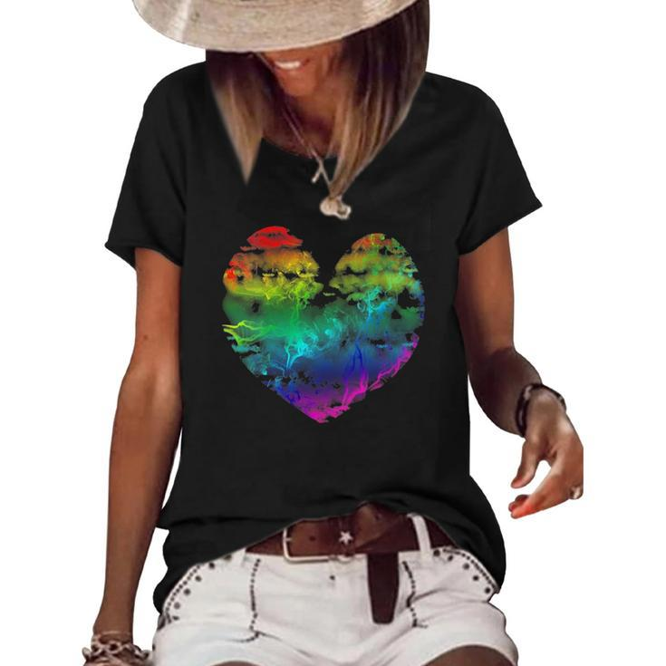 Womens Rainbow Cloudy Heart Lgbt Gay & Lesbian Pride Gift Women's Short Sleeve Loose T-shirt