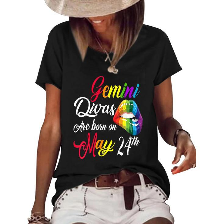 Womens Rainbow Lips Divas Are Born On May 24Th Gemini Girl Birthday  Women's Short Sleeve Loose T-shirt