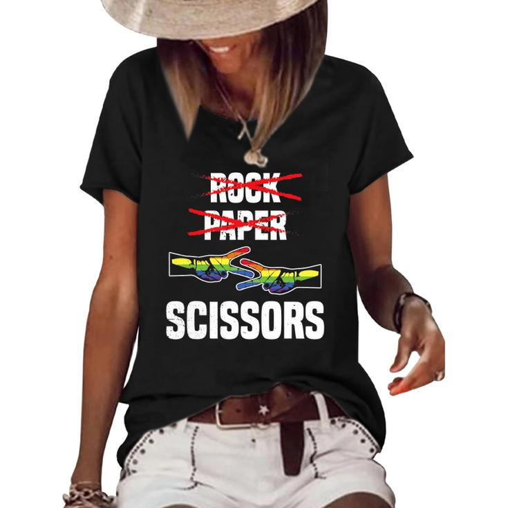 Womens Rock Paper Scissors Funny Lgbt Pride Parade Lesbian Women's Short Sleeve Loose T-shirt