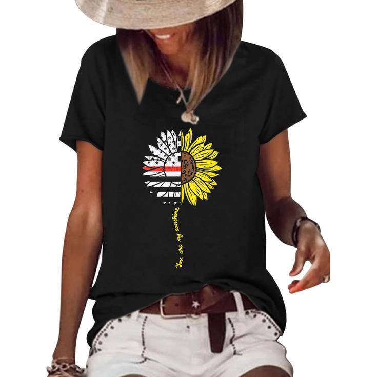 Womens Sunflower Thin Red Line Us Flag Sunshine Firefighter Gift Women's Short Sleeve Loose T-shirt