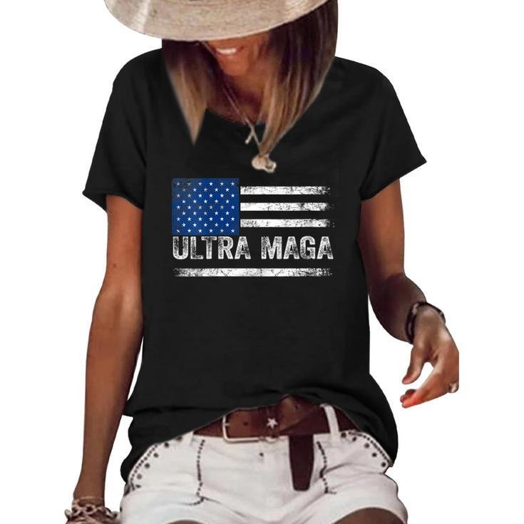 Womens Ultra Maga  Us Flag Top American Ultra Mega  Women's Short Sleeve Loose T-shirt