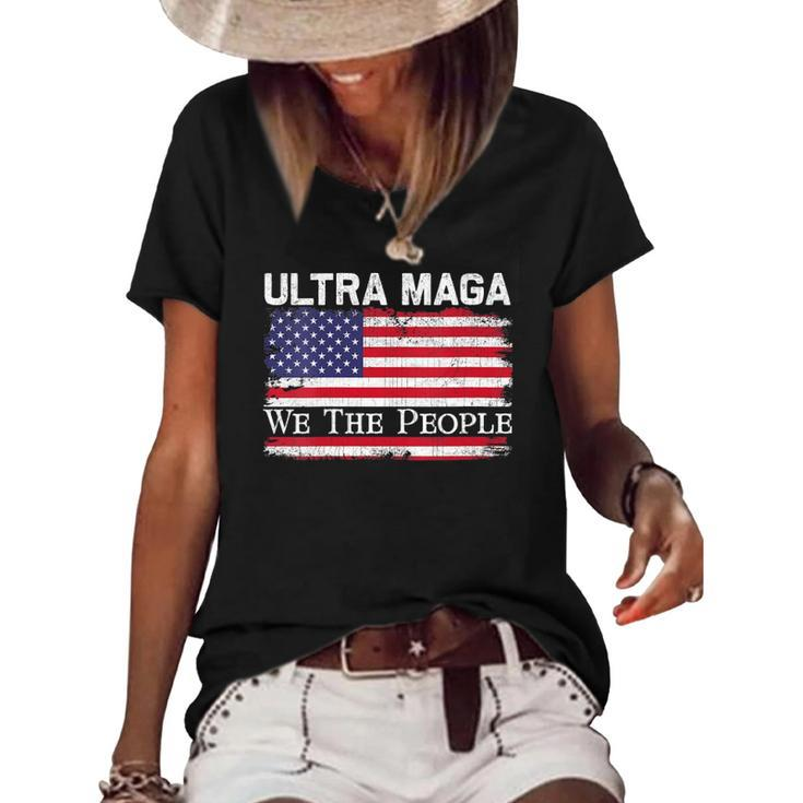 Womens We Are The People Men And Women Vintage Usa Flag Ultra Maga  Women's Short Sleeve Loose T-shirt