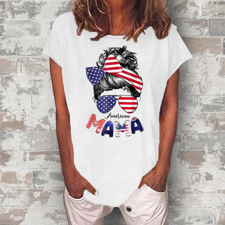 4Th Of July American Mama Messy Bun Mom Life Patriotic Mom Women's Loosen T-shirt