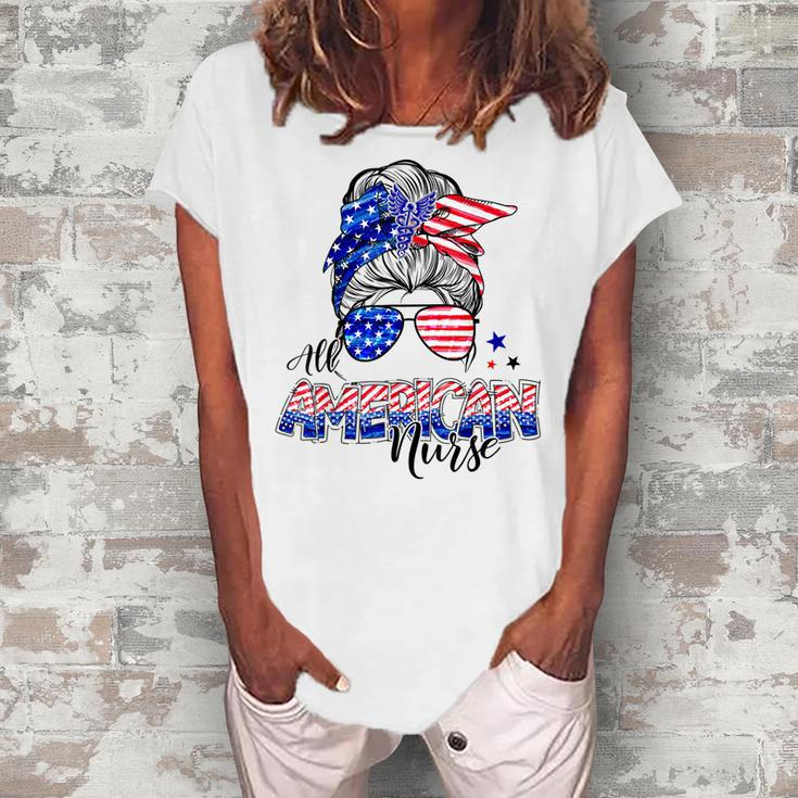 American Flag Patriotic Nurse Messy Bun 4Th Of July Women's Loosen T-shirt