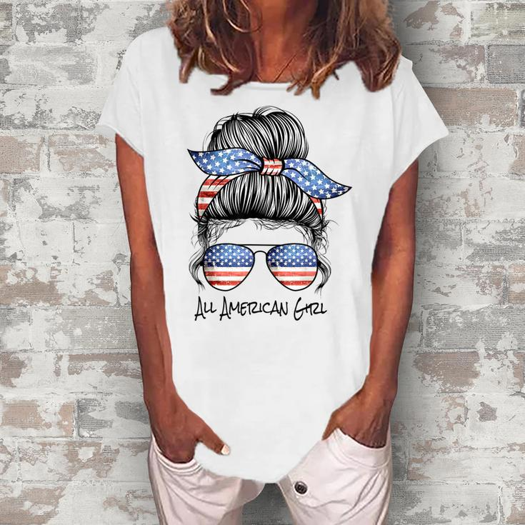 All American Girl Messy Bun American Flag 4Th Of July Women's Loosen T-shirt