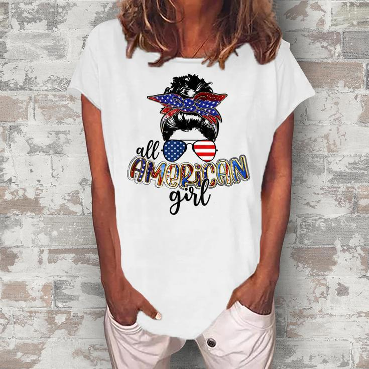 All American Girl Messy Bun Usa Flag Patriotic 4Th Of July Women's Loosen T-shirt