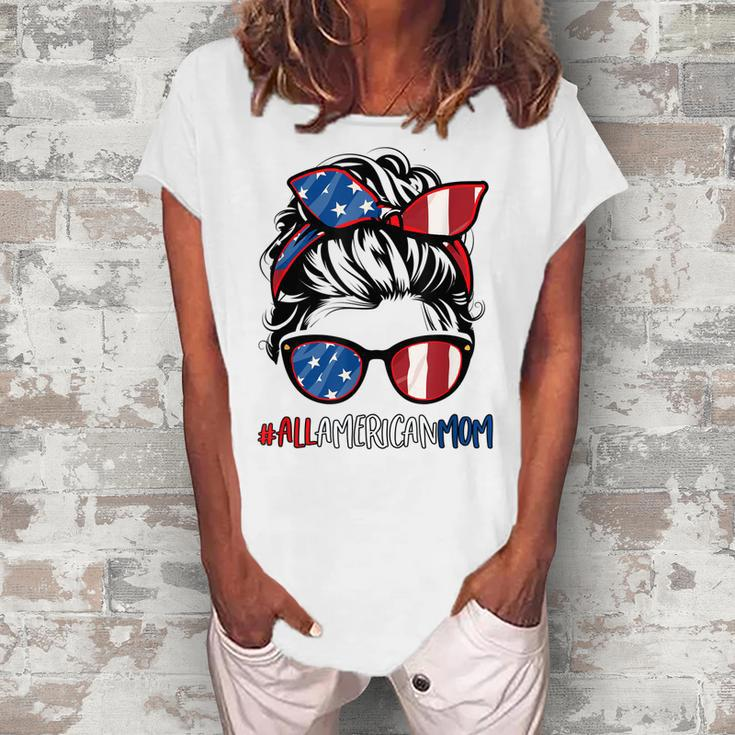 All American Mom 4Th Of July Women Messy Bun Usa Flag Women's Loosen T-shirt
