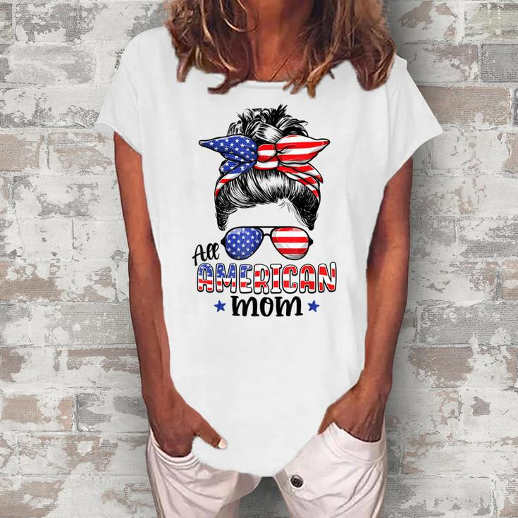All American Mom Messy Bun Women 4Th Of July Patriotic Mom Women's Loosen T-shirt