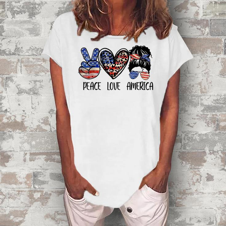 Peace Love America Messy Bun American Flag 4Th Of July Women's Loosen T-shirt