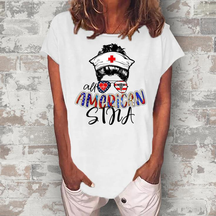 Stna All American Nurse Messy Buns Hair 4Th Of July Day Usa Women's Loosen T-shirt