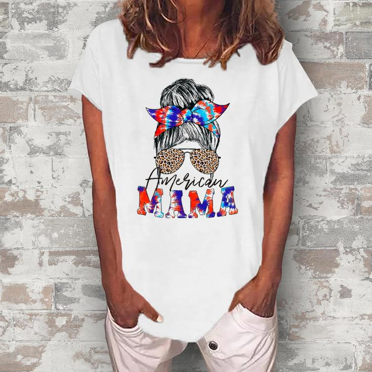 American Mama Usa Patriot Flag Tie Dye 4Th Of July Messy Bun Women's Loosen T-Shirt