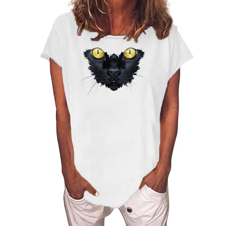 Womens Black Cat Yellow Eyes Kitty Kitten Cat Face Women's Loosen T-Shirt
