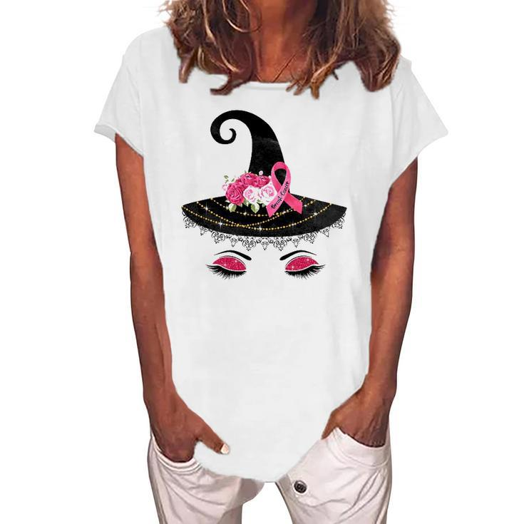 Breast Cancer Witch Hat Pink Ribbon Flower Awareness Month Women's Loosen T-Shirt