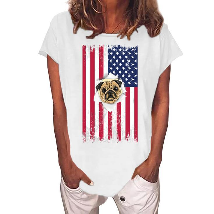 Cute Pug Face & American Flag – 4Th Of July Pug Dad Pug Mom Women's Loosen T-shirt