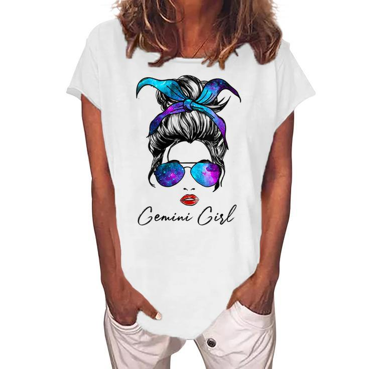 Womens Gemini Girl Zodiac Sign Horoscope Birthday Messy Bun Galaxy Women's Loosen T-shirt