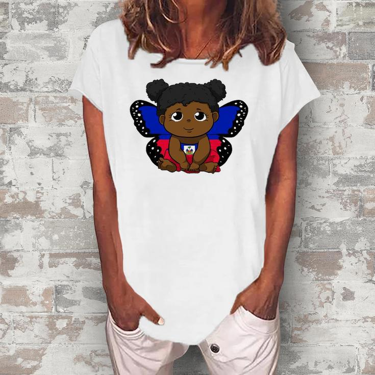 Haiti Haitian Love Flag Princess Girl Kid Wings Butterfly Women's Loosen T-Shirt