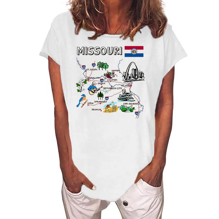 Map Of Missouri Landmarks Major Cities Roads Flag Women's Loosen T-Shirt