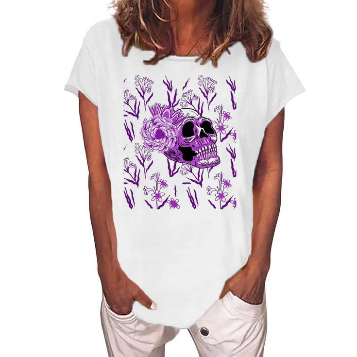 Purple Skull Flower Cool Floral Scary Halloween Gothic Theme Women's Loosen T-Shirt
