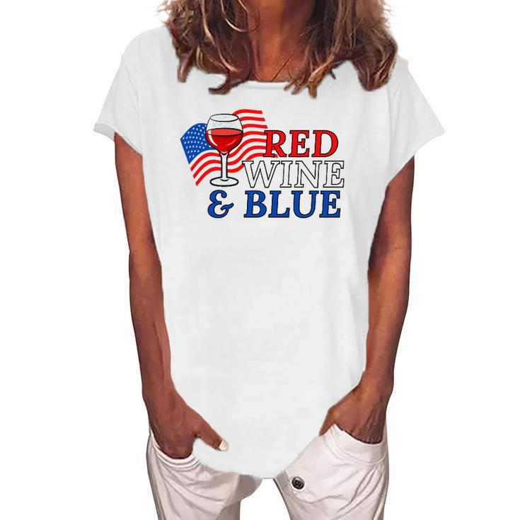 Red Wine & Blue Us Flag 4Th Of July Women's Loosen T-Shirt
