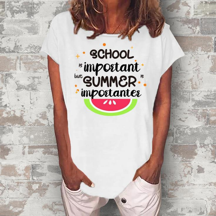 School Is Important But Summer Is Importanter Watermelon Design Women's Loosen Crew Neck Short Sleeve T-Shirt