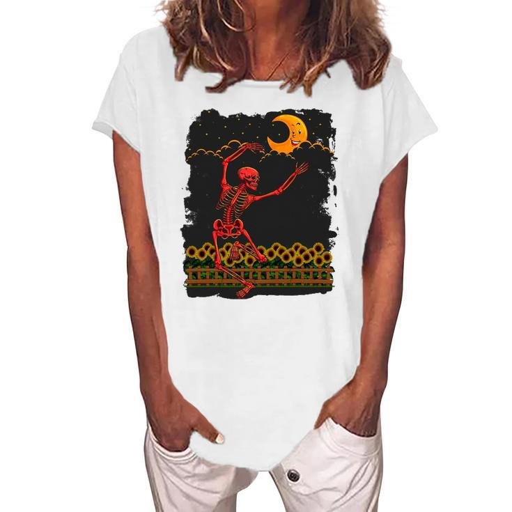 Womens Skeleton Macabre Dancing Red Graphic Goth Halloween Women's Loosen T-Shirt