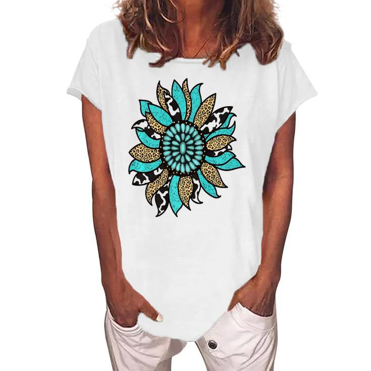 Turquoise Rodeo Decor Graphic Sunflower Women's Loosen T-Shirt
