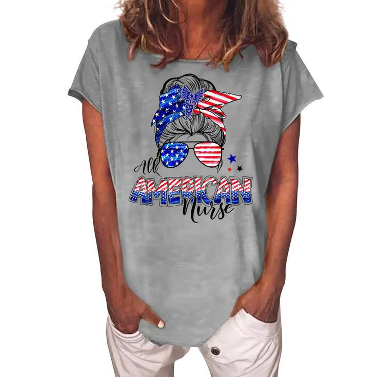 American Flag Patriotic Nurse Messy Bun 4Th Of July Women's Loosen T-shirt