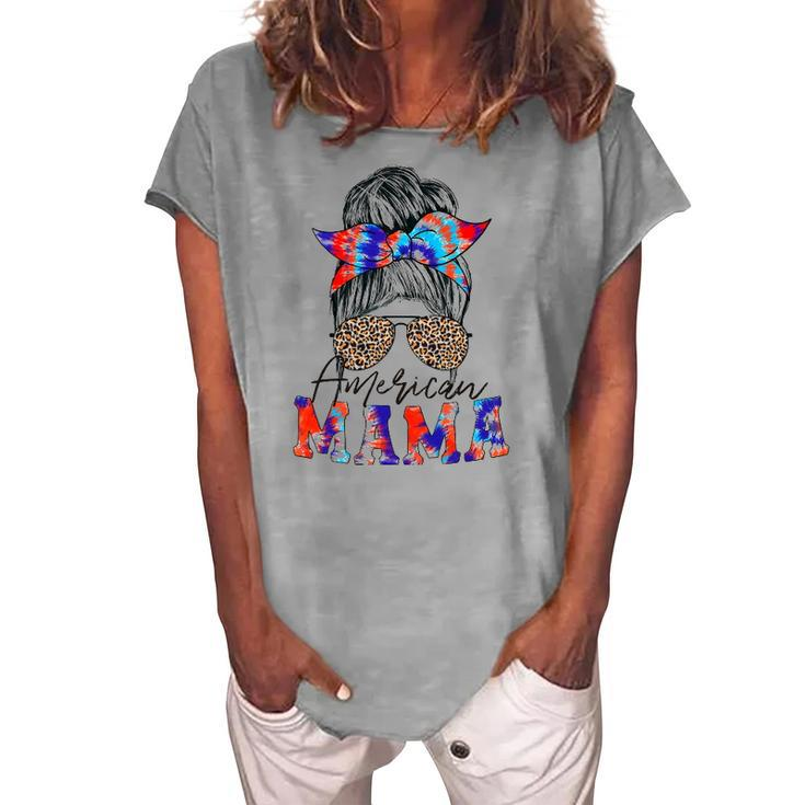 American Mama Usa Patriot Flag Tie Dye 4Th Of July Messy Bun Women's Loosen T-Shirt