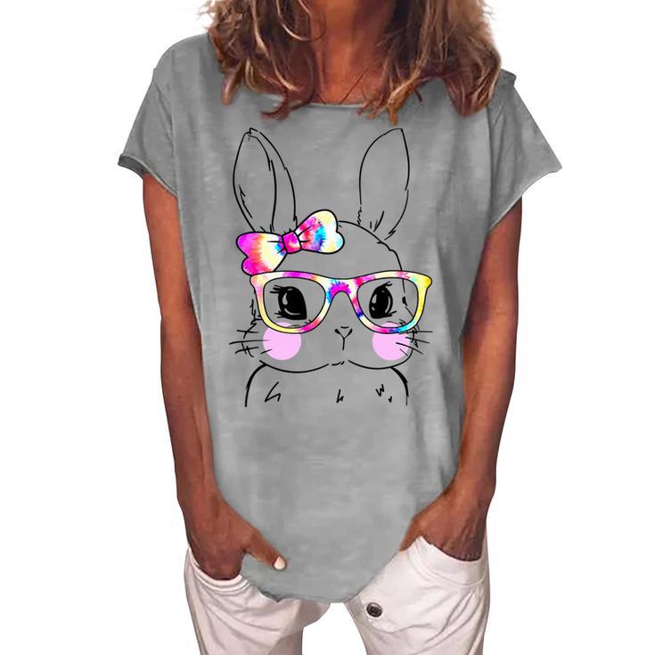 Cute Bunny Rabbit Face Tie Dye Glasses Girl Happy Easter Day Women's Loosen Crew Neck Short Sleeve T-Shirt