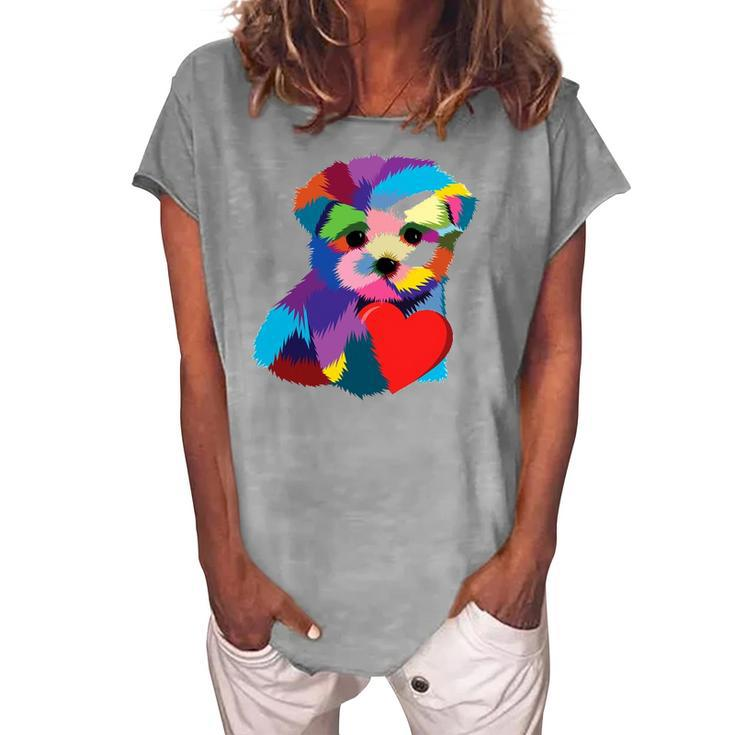 Cute Dog Rescue For Women Men Teens Rainbow Puppy Heart Women's Loosen T-Shirt