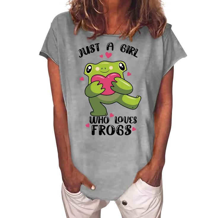 Cute Frog Just A Girl Who Loves Frogs Funny Frog Lover Gift For Girl Frog Lover Women's Loosen Crew Neck Short Sleeve T-Shirt