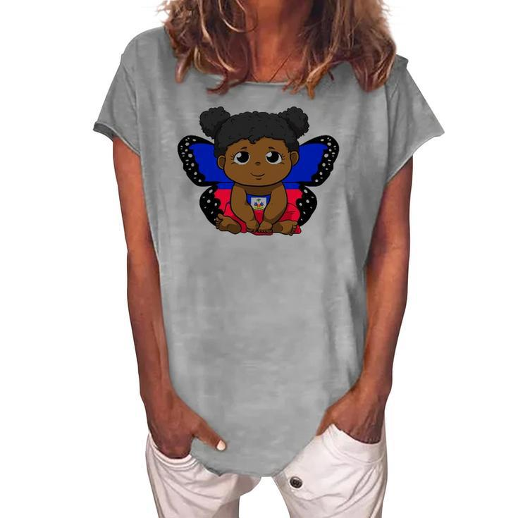 Haiti Haitian Love Flag Princess Girl Kid Wings Butterfly Women's Loosen T-Shirt