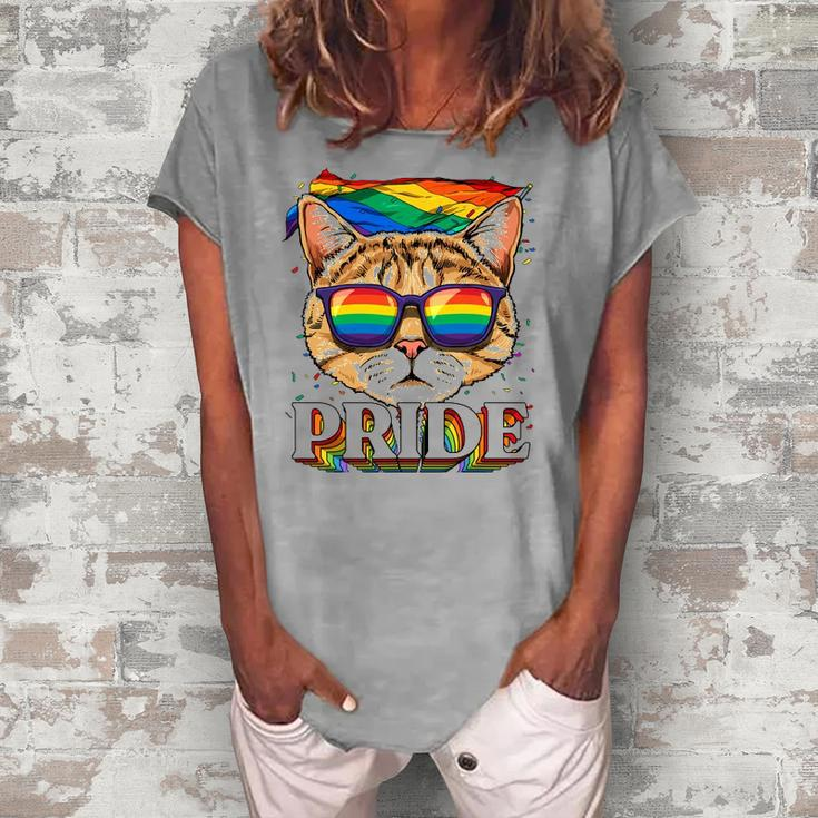 Lgbt Cat Gay Pride Lgbtq Rainbow Flag Sunglasses Women's Loosen T-Shirt