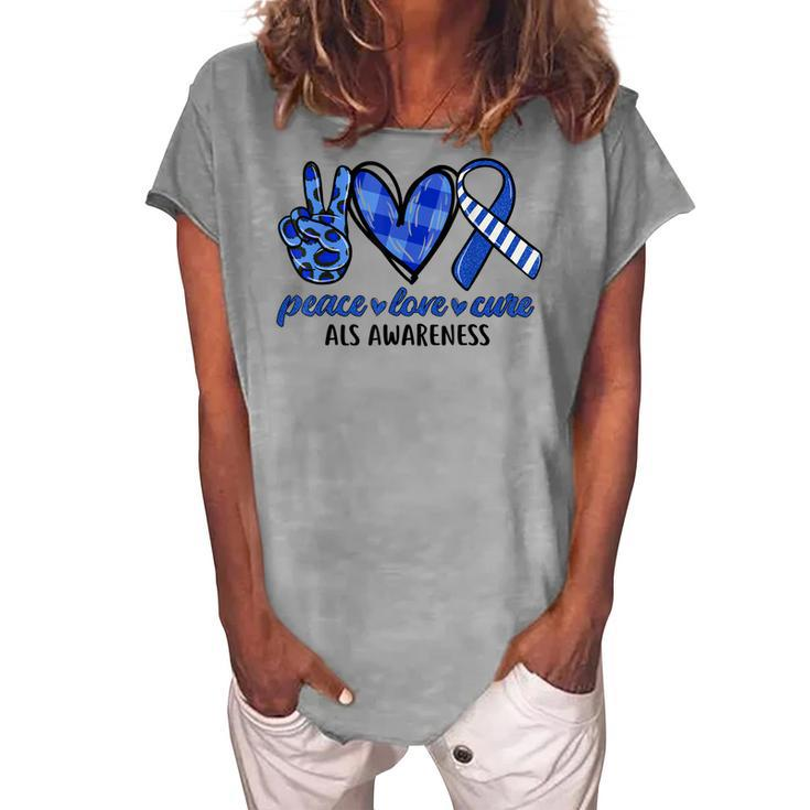 Peace Love Cure Blue & White Ribbon Als Awareness Month V2 Women's Loosen T-shirt