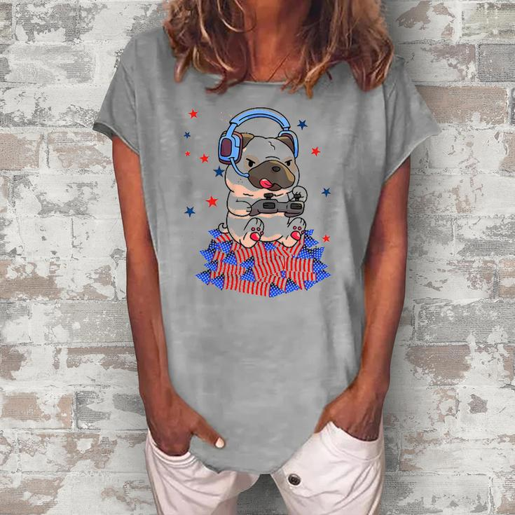 Pug Game Puppy Controller 4Th Of July Boys Kids Video Gamer Women's Loosen T-Shirt